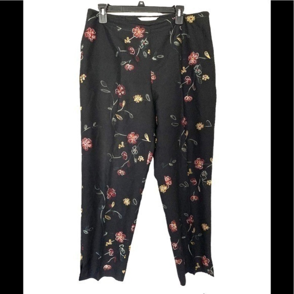 Peter Martin Silk Embroidered Floral Pants High Rise Straight Leg Black Red 14